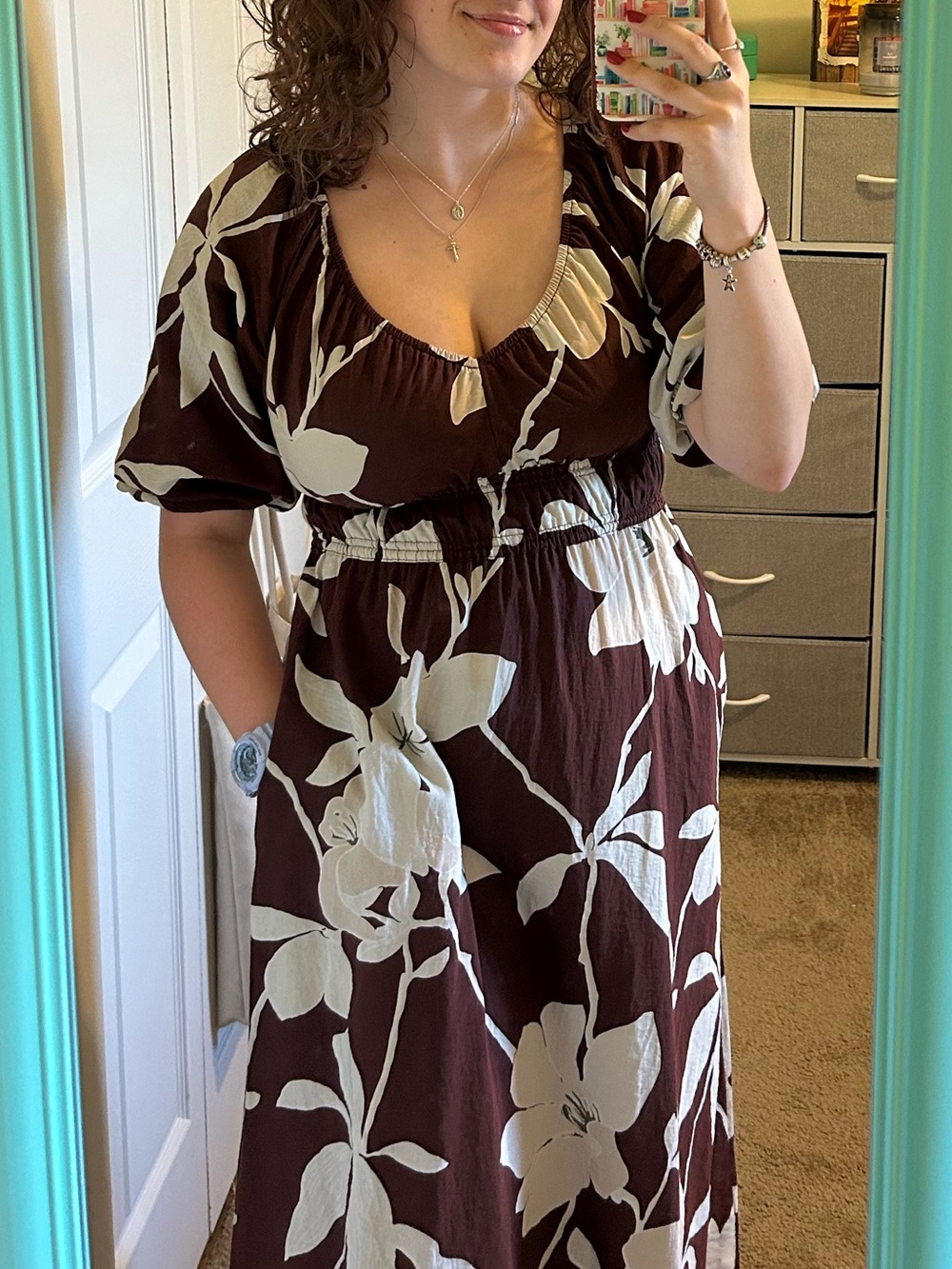 RARE LOFT Brown Maxi Dress with Cream Floral Print